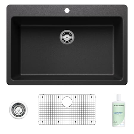 Blanco 33" Drop-In/Undermount Super Single Basin SILGRANIT Kitchen Sink + Strainer, Sink Grid, and BlancoClean Anthracite